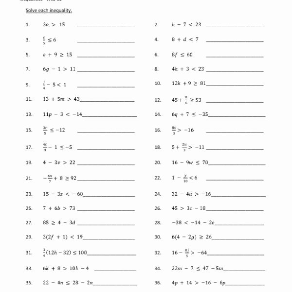 Solving Equations and Inequalities Worksheet Best Of Eighth Grade solving Inequalities Worksheet 05 E Page