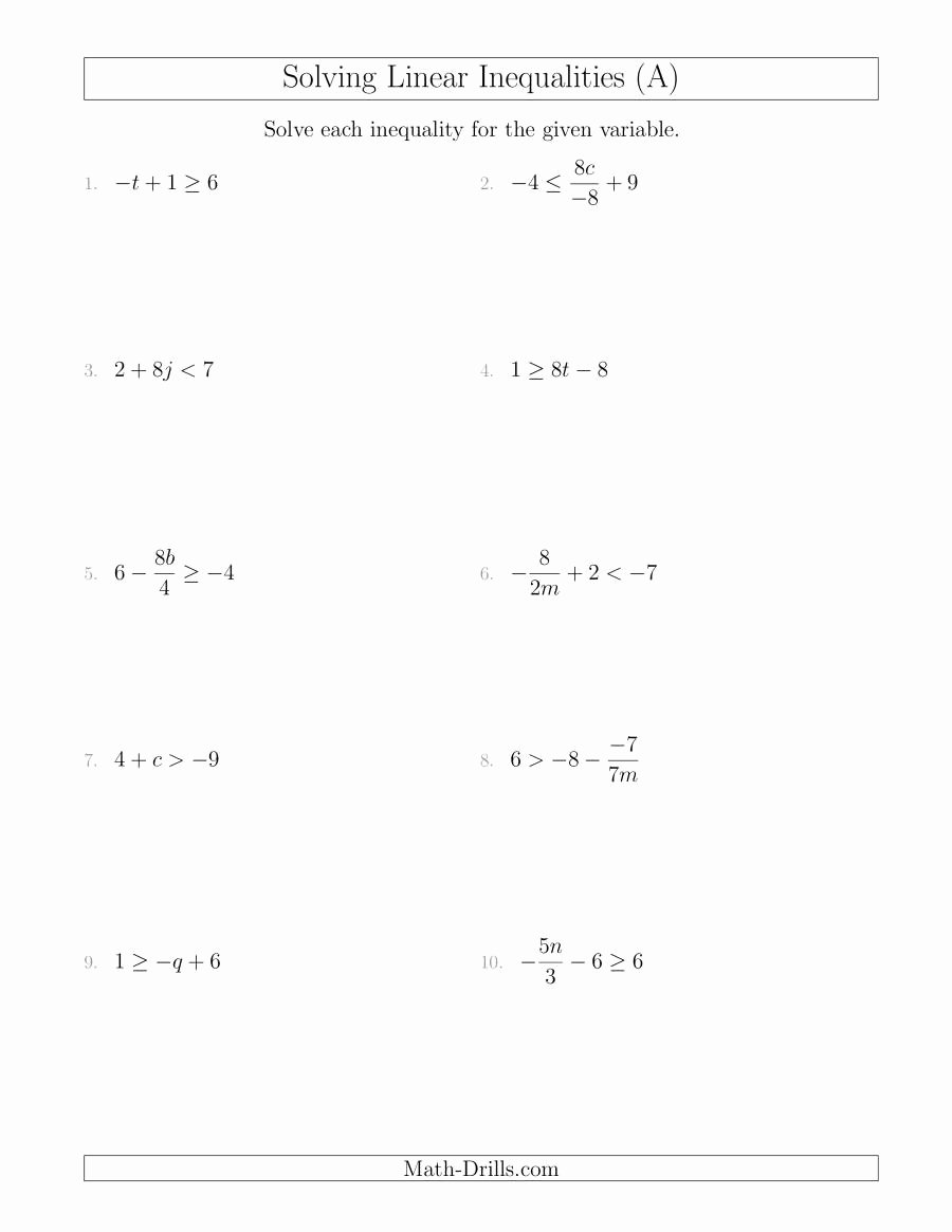 Solving Equations and Inequalities Worksheet Unique solving Linear Inequalities Mixed Questions A Algebra