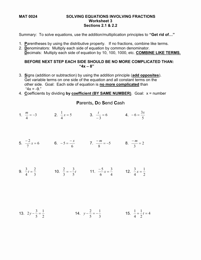 Solving Equations with Fractions Worksheet Fresh 1 solving Equations Involving Fractions