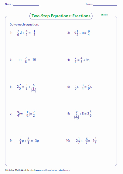 Solving Equations with Fractions Worksheet Luxury Two Step Equation Worksheets