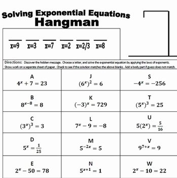 Solving Exponential Equations Worksheet Beautiful Exponential Equations Hangman Use Exponent Laws to solve