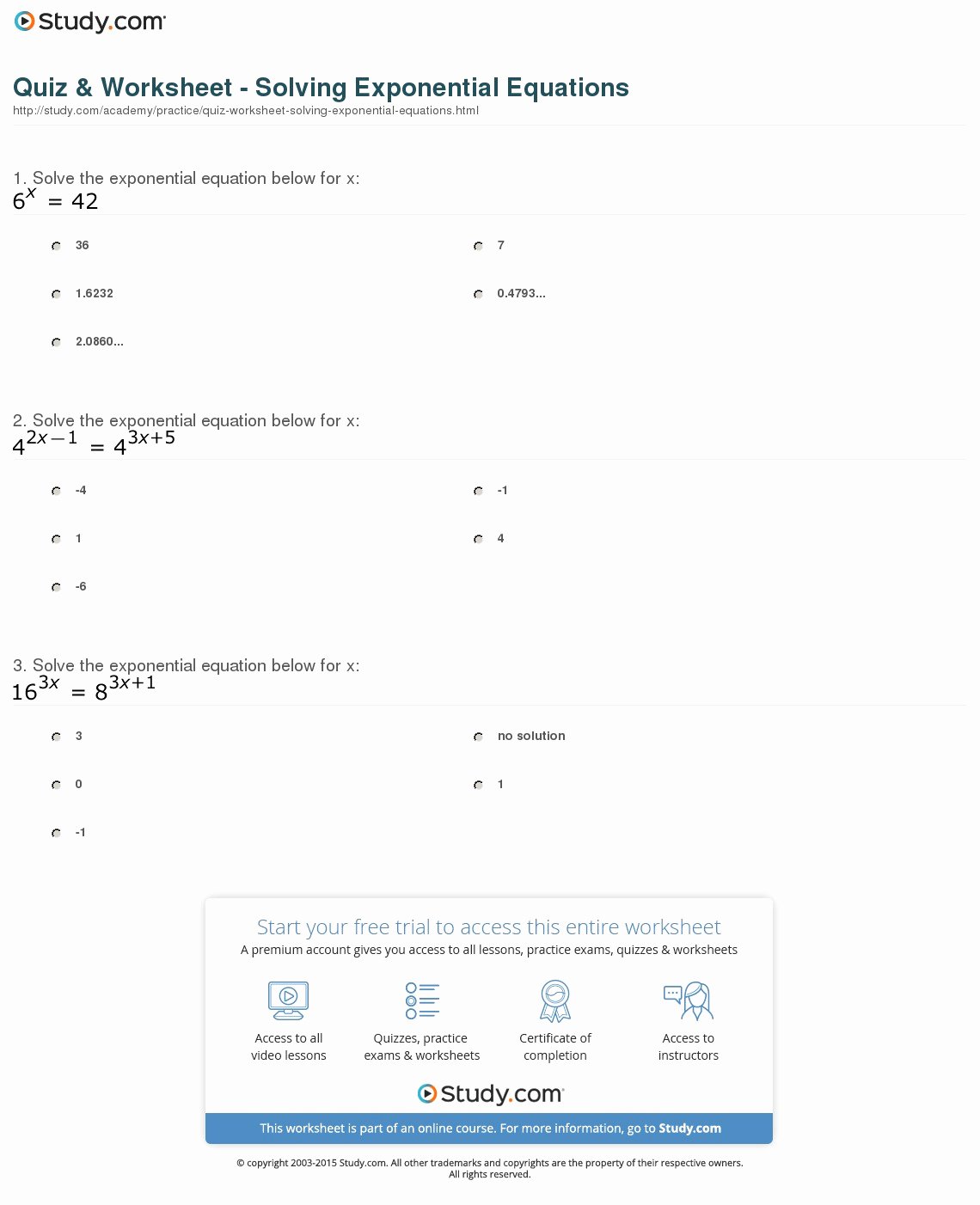Solving Exponential Equations Worksheet Lovely Quiz &amp; Worksheet solving Exponential Equations