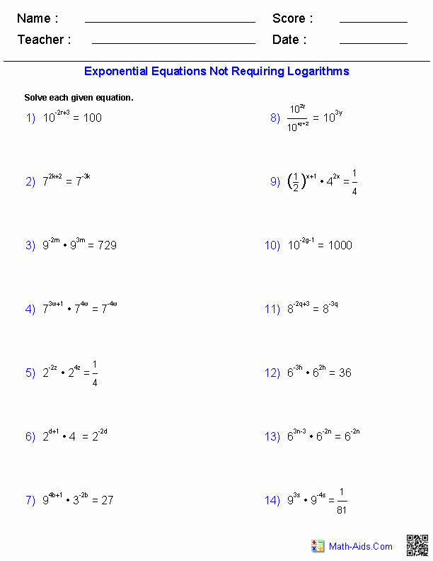 Solving Exponential Equations Worksheet Luxury Algebra 2 Worksheets