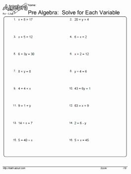 Solving for Y Worksheet Lovely Pre Algebra Worksheets On isolating Variable
