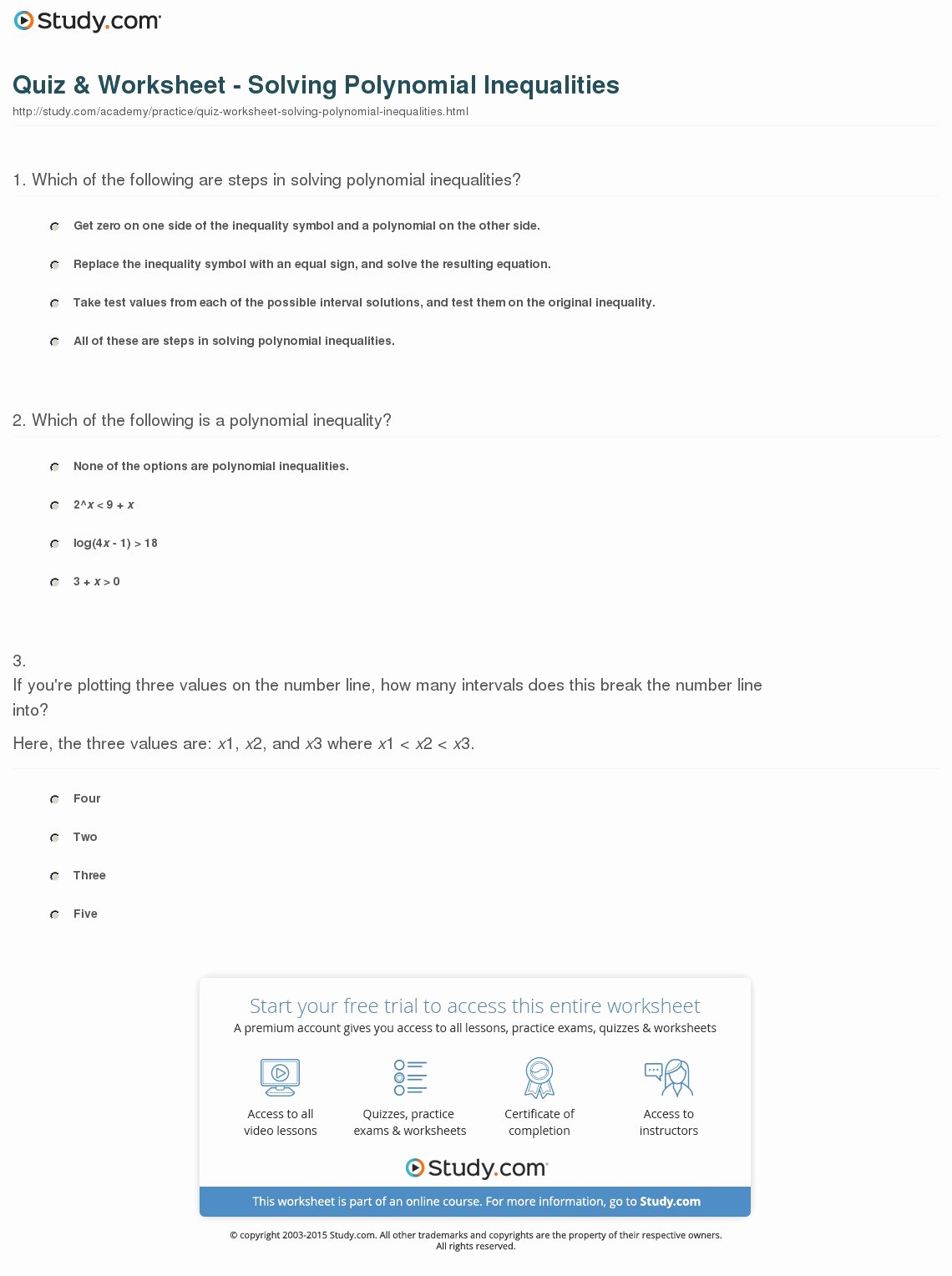 Solving Inequalities Worksheet Pdf Awesome Quiz &amp; Worksheet solving Polynomial Inequalities