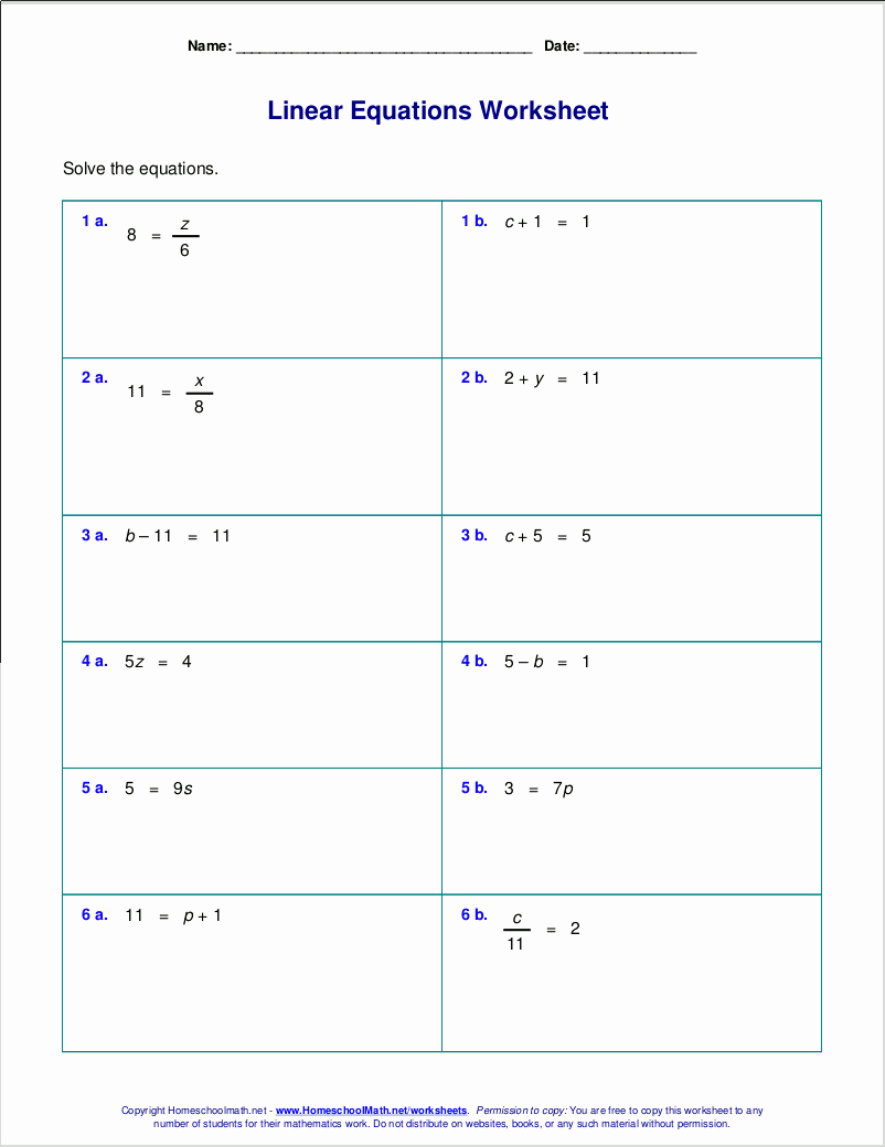 Solving Linear Equations Worksheet Pdf Awesome Free Worksheets for Linear Equations Grades 6 9 Pre