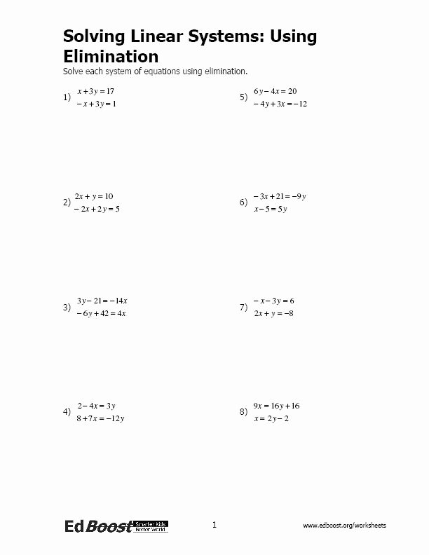 Solving Linear Equations Worksheet Pdf Inspirational solving Linear Systems Using Elimination