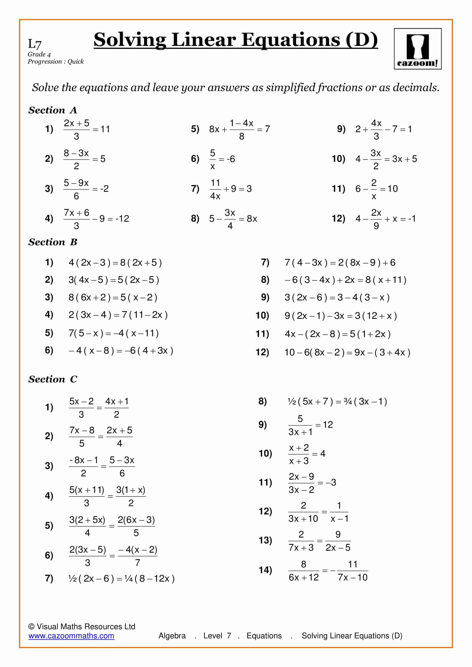 50 Solving Linear Equations Worksheet Pdf