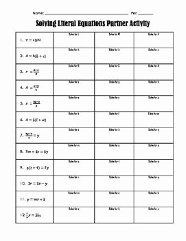 Solving Literal Equations Worksheet Beautiful solving Literal Equations Partner Activity