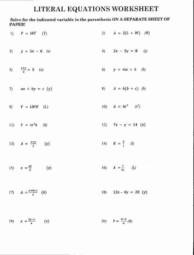 Solving Literal Equations Worksheet Fresh Literal Equations Worksheet