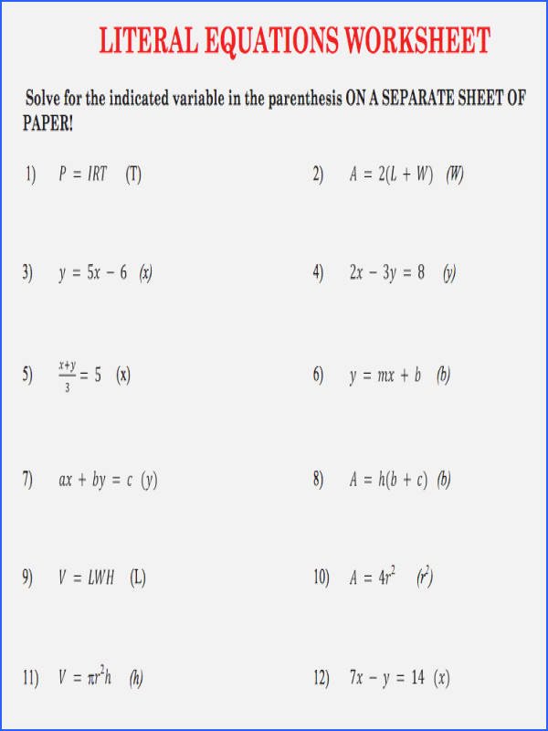 Literal Equations Worksheet Answer