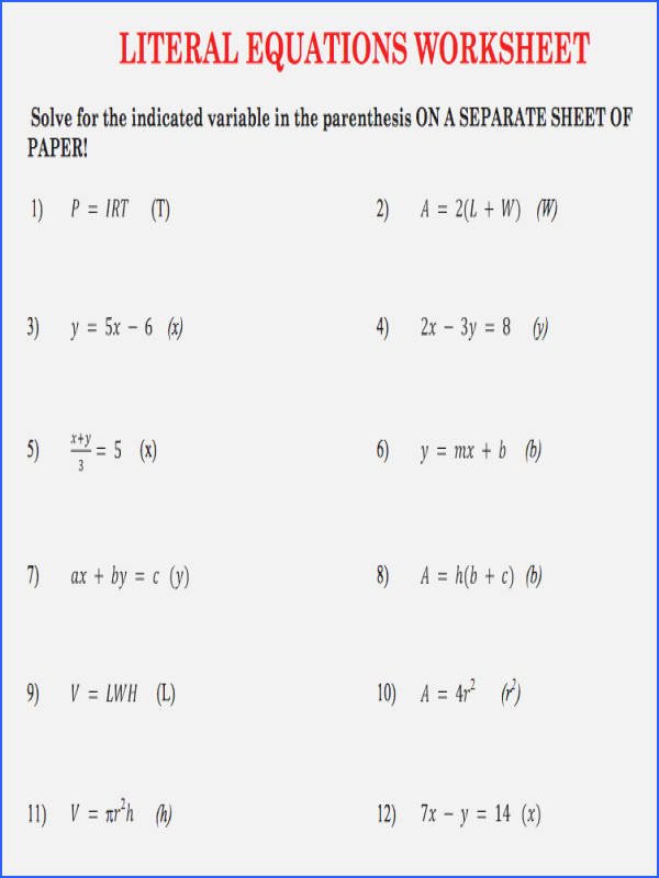 Literal Equations Worksheet Answer Key