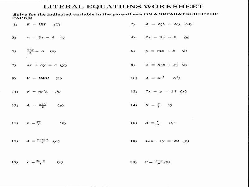 Solving Literal Equations Worksheet New solving Literal Equations Worksheet