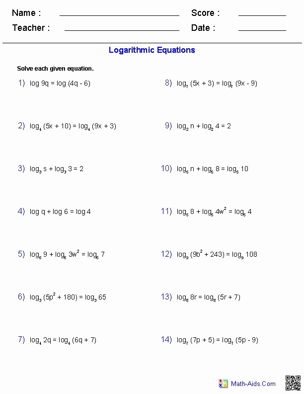 Solving Logarithmic Equations Worksheet Fresh Algebra 2 Worksheets