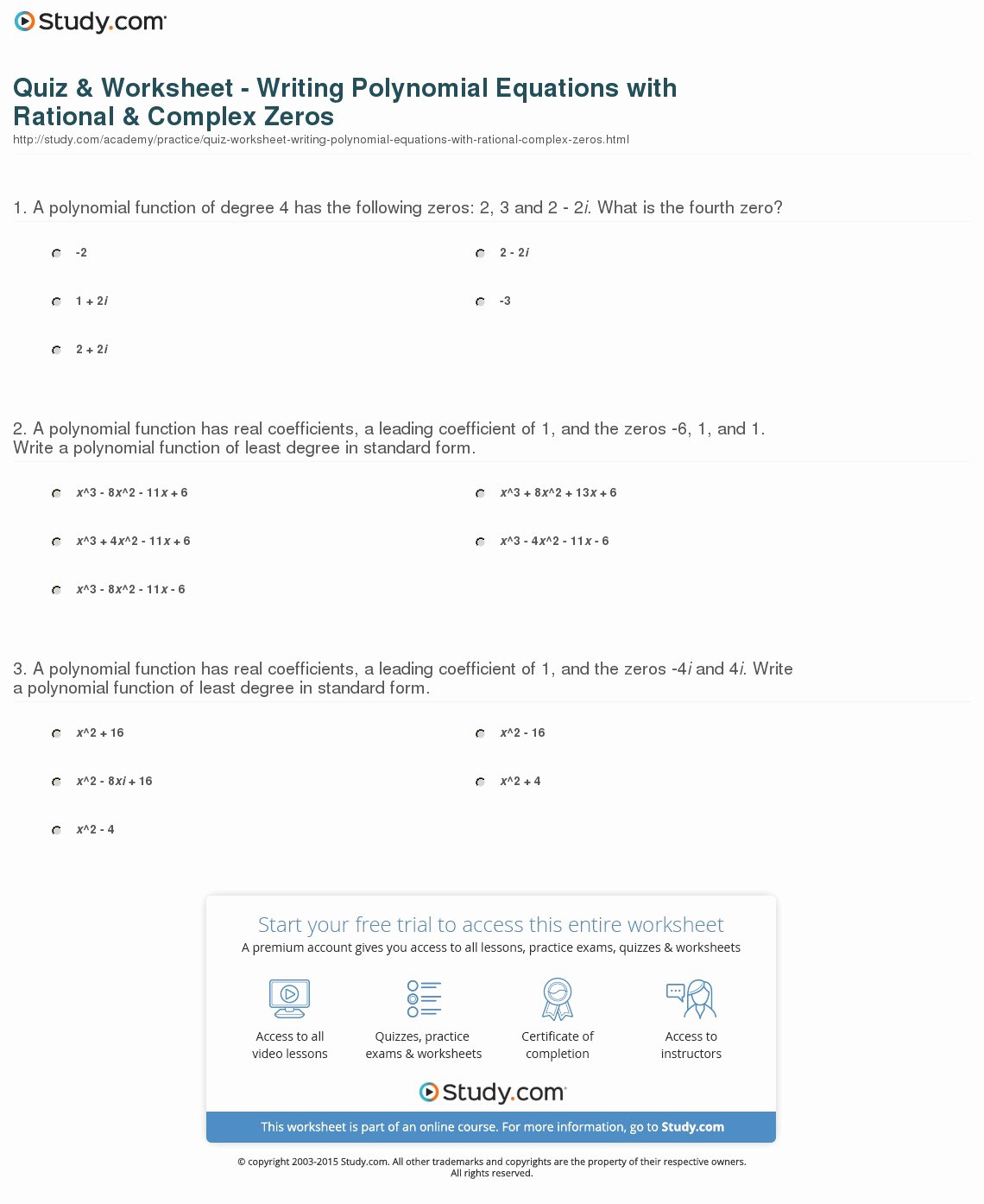 Solving Polynomial Equations Worksheet Answers Awesome Quiz &amp; Worksheet Writing Polynomial Equations with