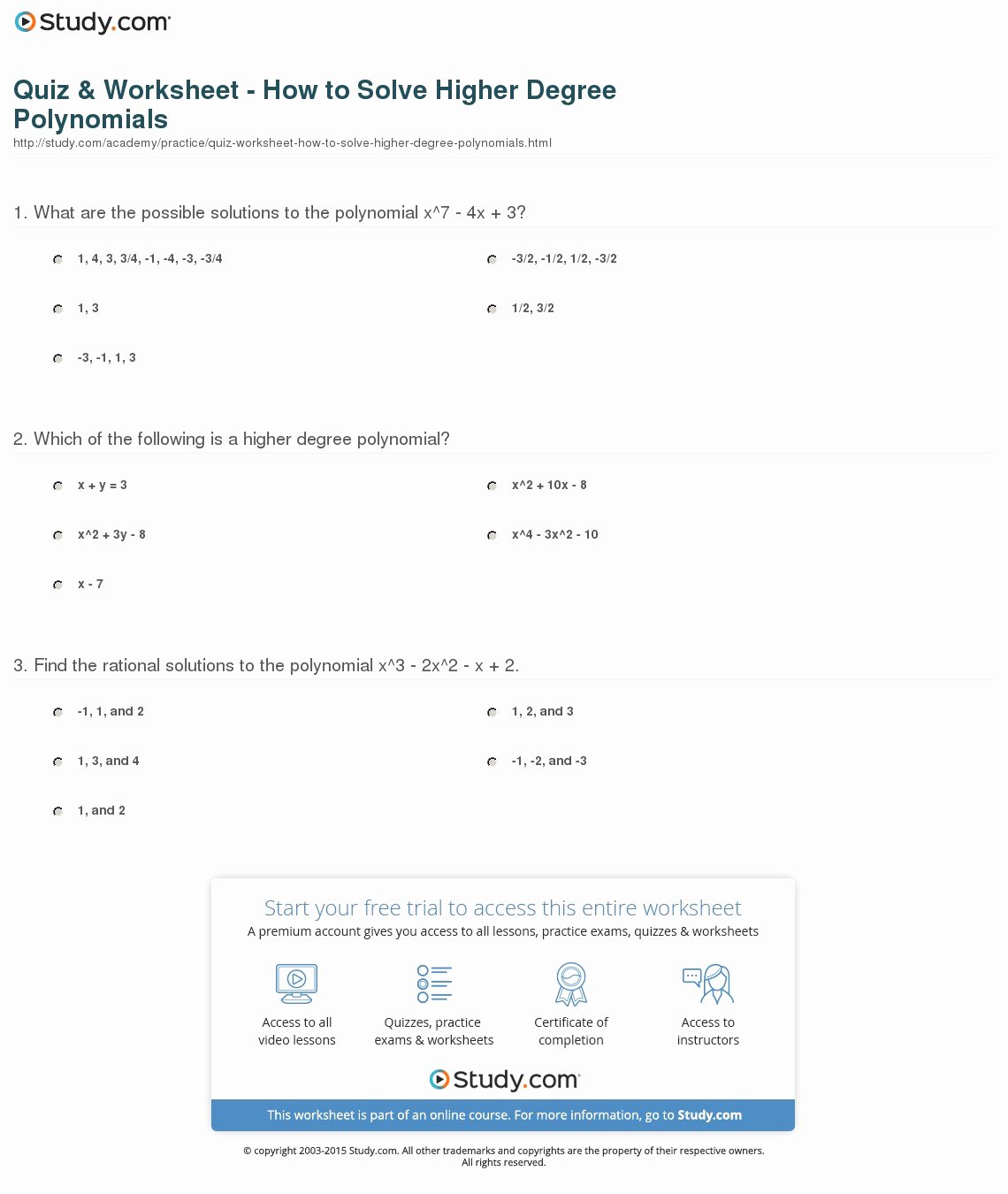 Solving Polynomial Equations Worksheet Answers Fresh Quiz &amp; Worksheet How to solve Higher Degree Polynomials