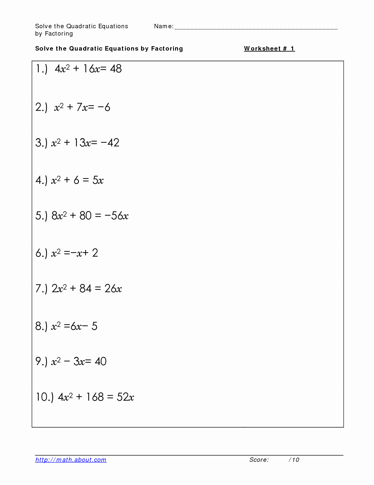 solving quadratic equations worksheets