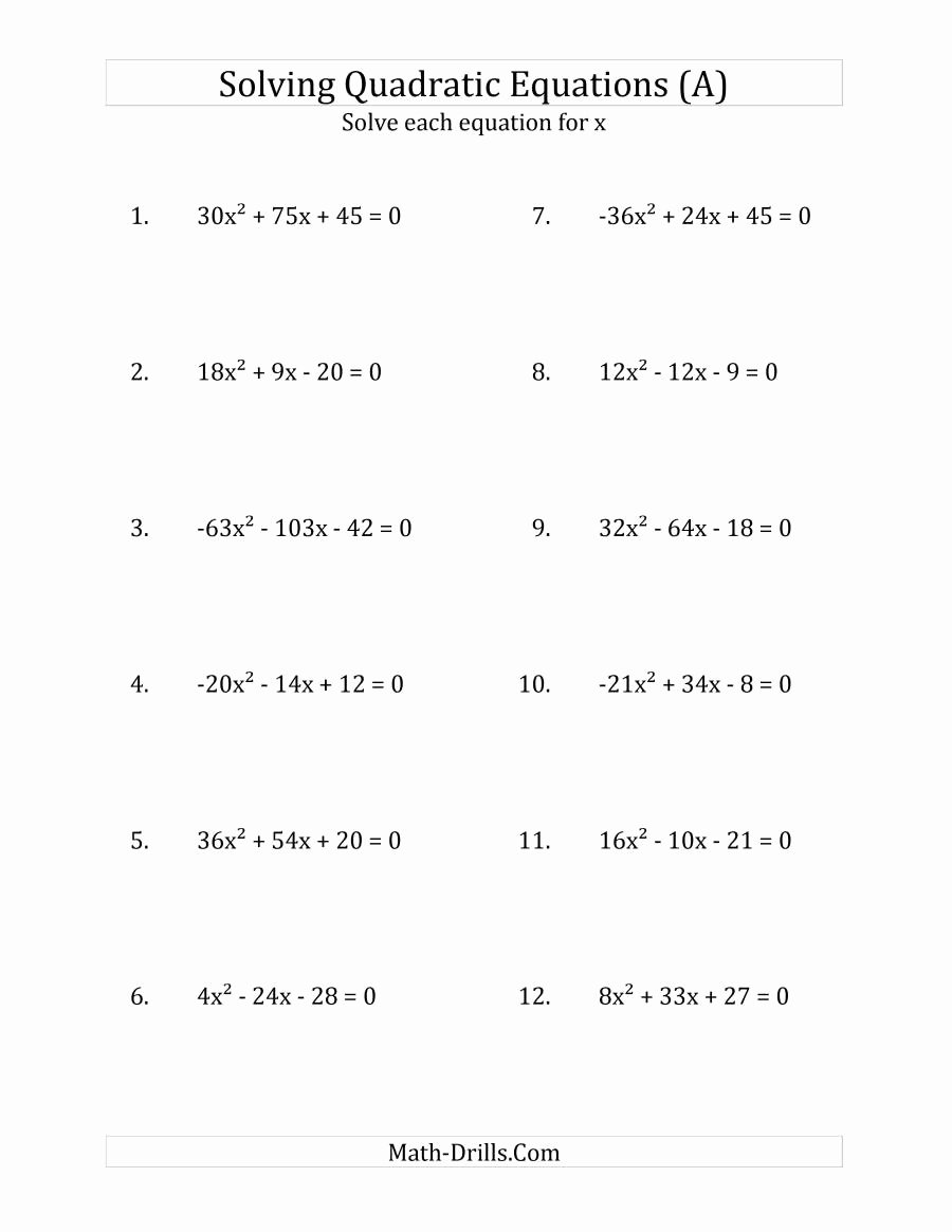 Solving Quadratic Equations Worksheet Beautiful solving Quadratic Equations for X with A Coefficients