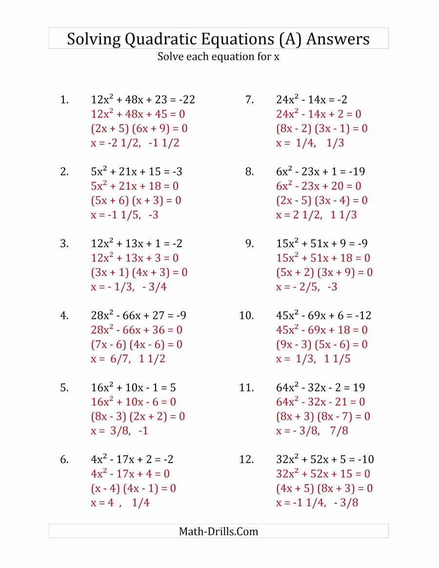 Solving Quadratic Equations Worksheet Best Of solving Quadratic Equations for X with A Coefficients Up