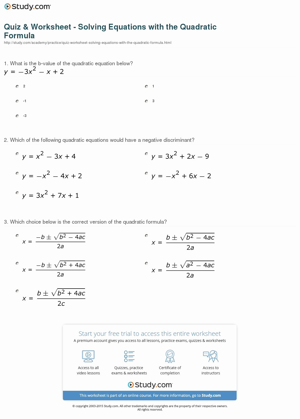 Solving Quadratic Equations Worksheet Fresh Quiz &amp; Worksheet solving Equations with the Quadratic