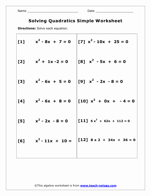 Solving Quadratic Equations Worksheet Fresh solving Simple Quadratic Equations Worksheet