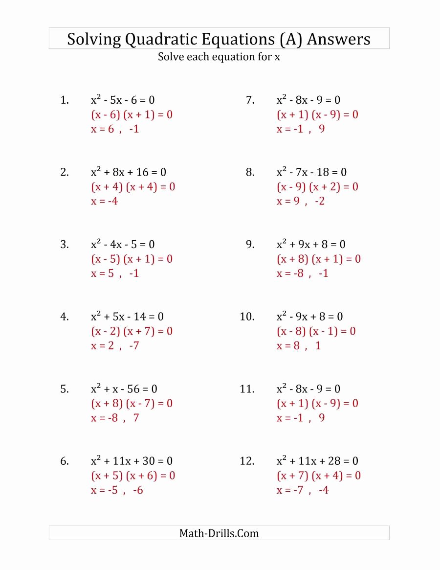 Solving Quadratic Equations Worksheet Inspirational solving Quadratic Equations for X with A Coefficients Of