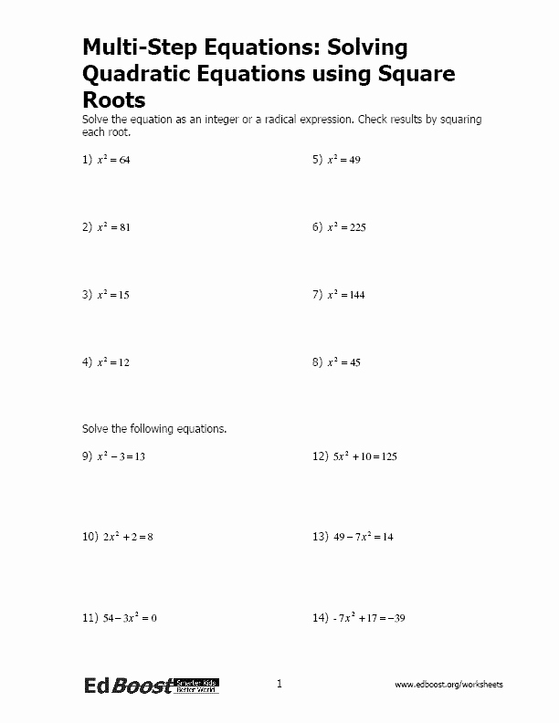 Solving Quadratic Equations Worksheets