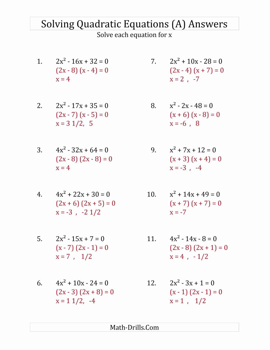 Solving Quadratic Equations Worksheet Luxury solving Quadratic Equations for X with A Coefficients Up