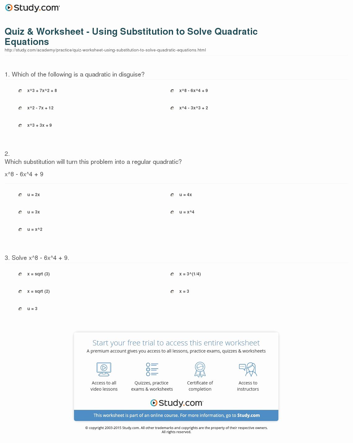 Solving Quadratic Equations Worksheet Unique Quiz &amp; Worksheet Using Substitution to solve Quadratic