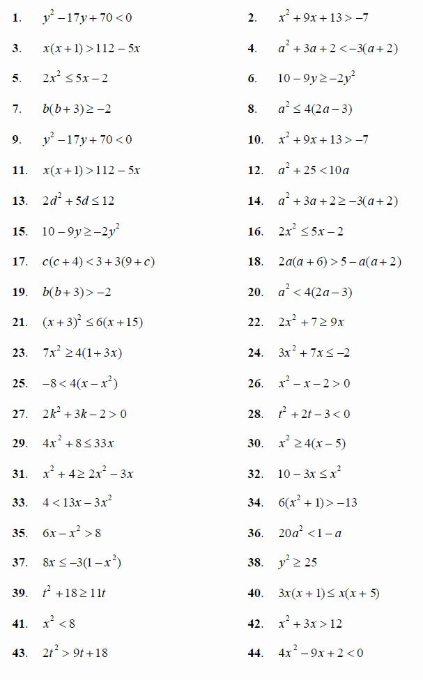 Solving Quadratic Inequalities Worksheet Elegant Quadratic Inequalities solving Quadratic Inequalities
