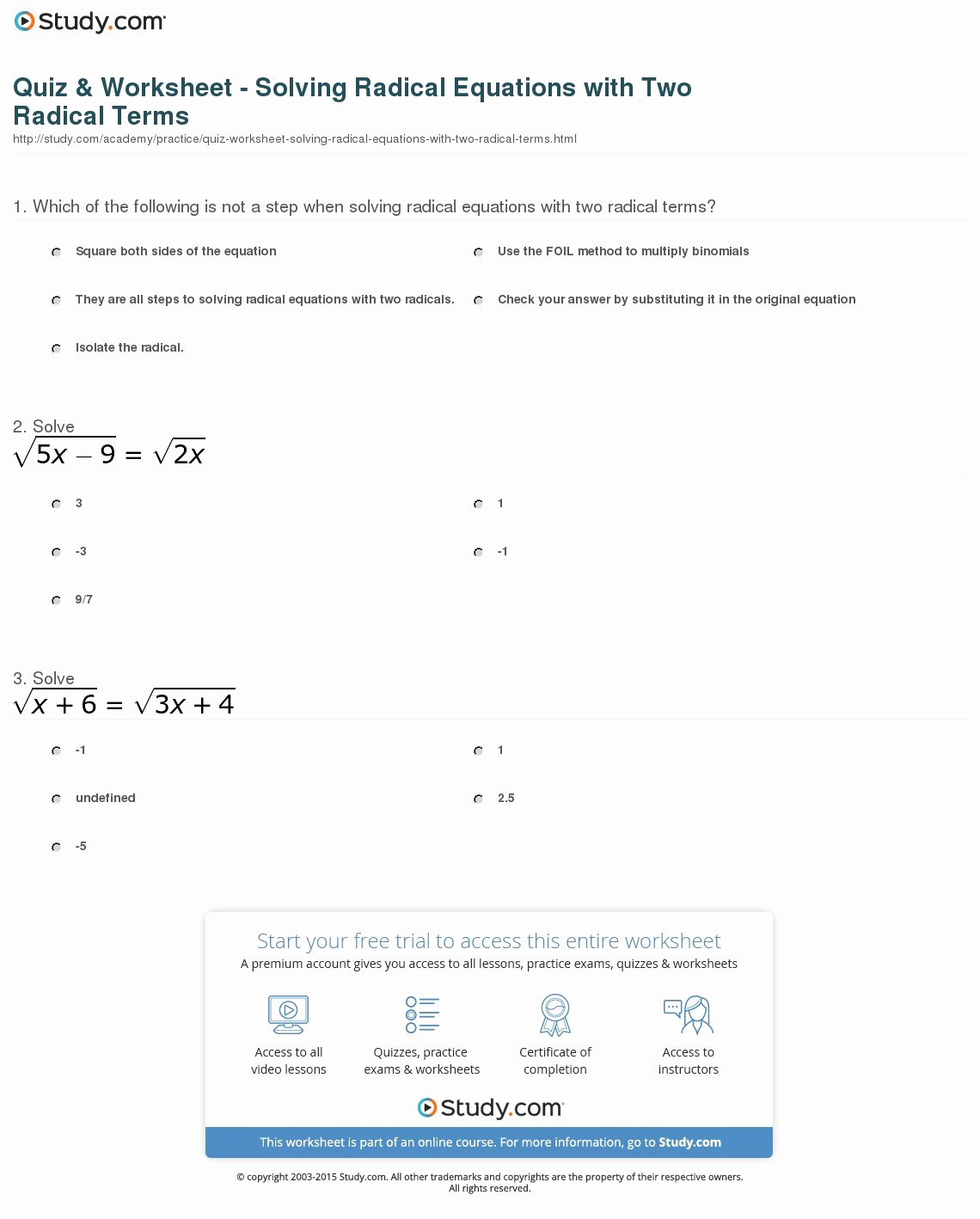 Solving Radical Equations Worksheet Best Of Quiz &amp; Worksheet solving Radical Equations with Two