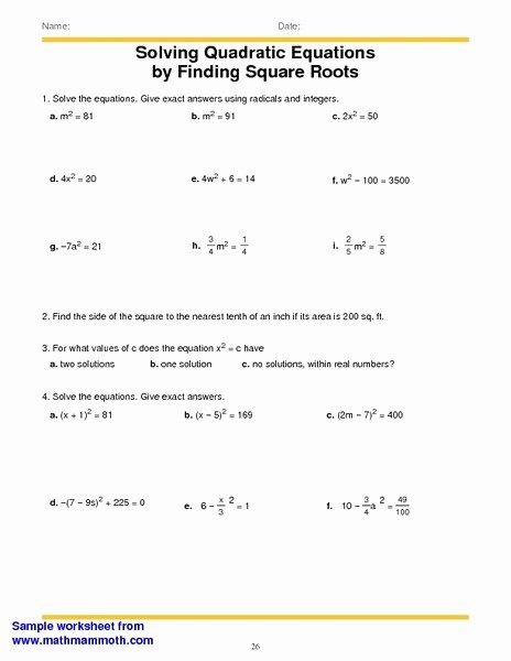 Solving Square Root Equations Worksheet Awesome solving Quadratic Equations by Finding Square Roots