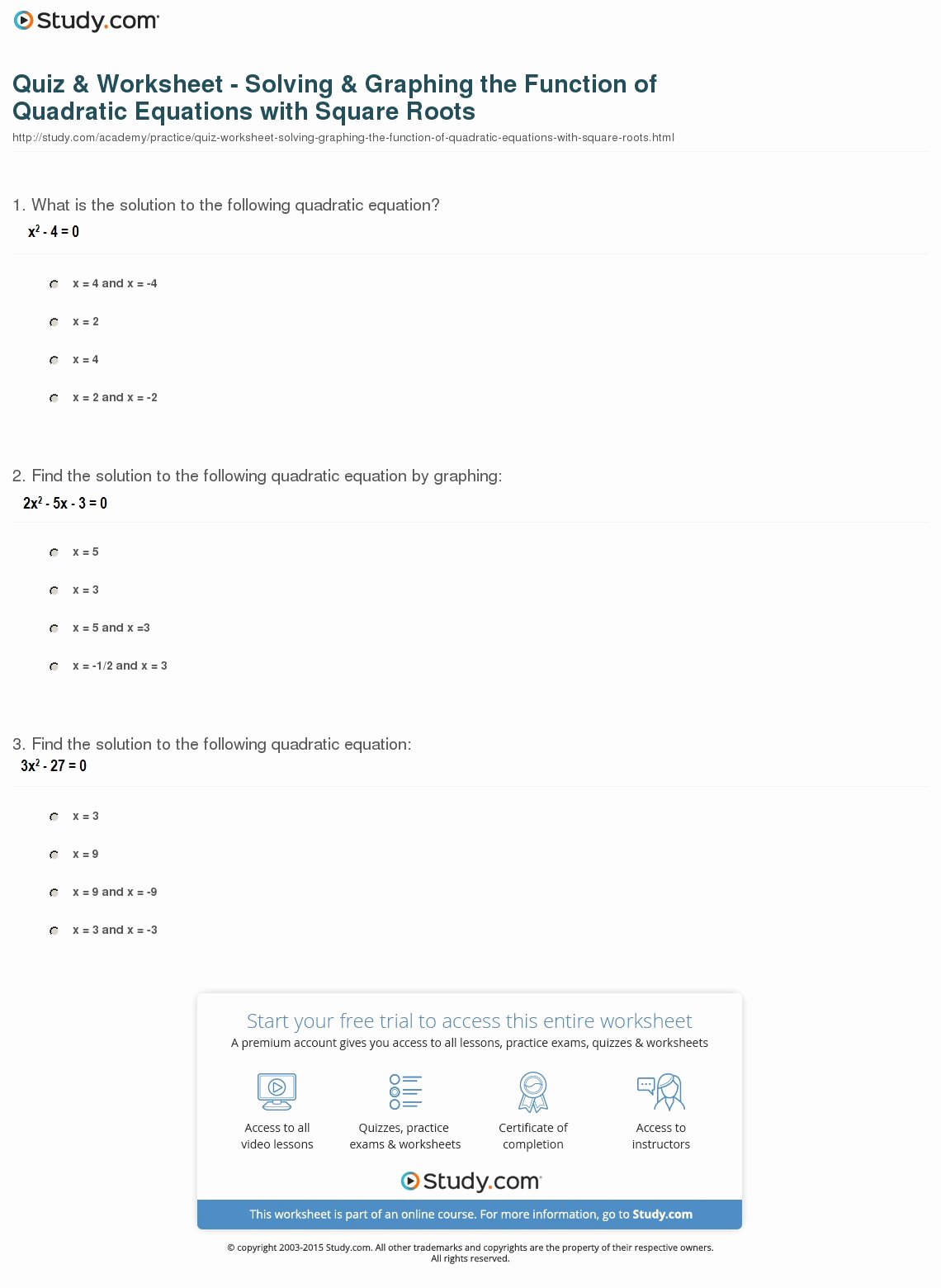 Solving Square Root Equations Worksheet Elegant Quiz &amp; Worksheet solving &amp; Graphing the Function Of
