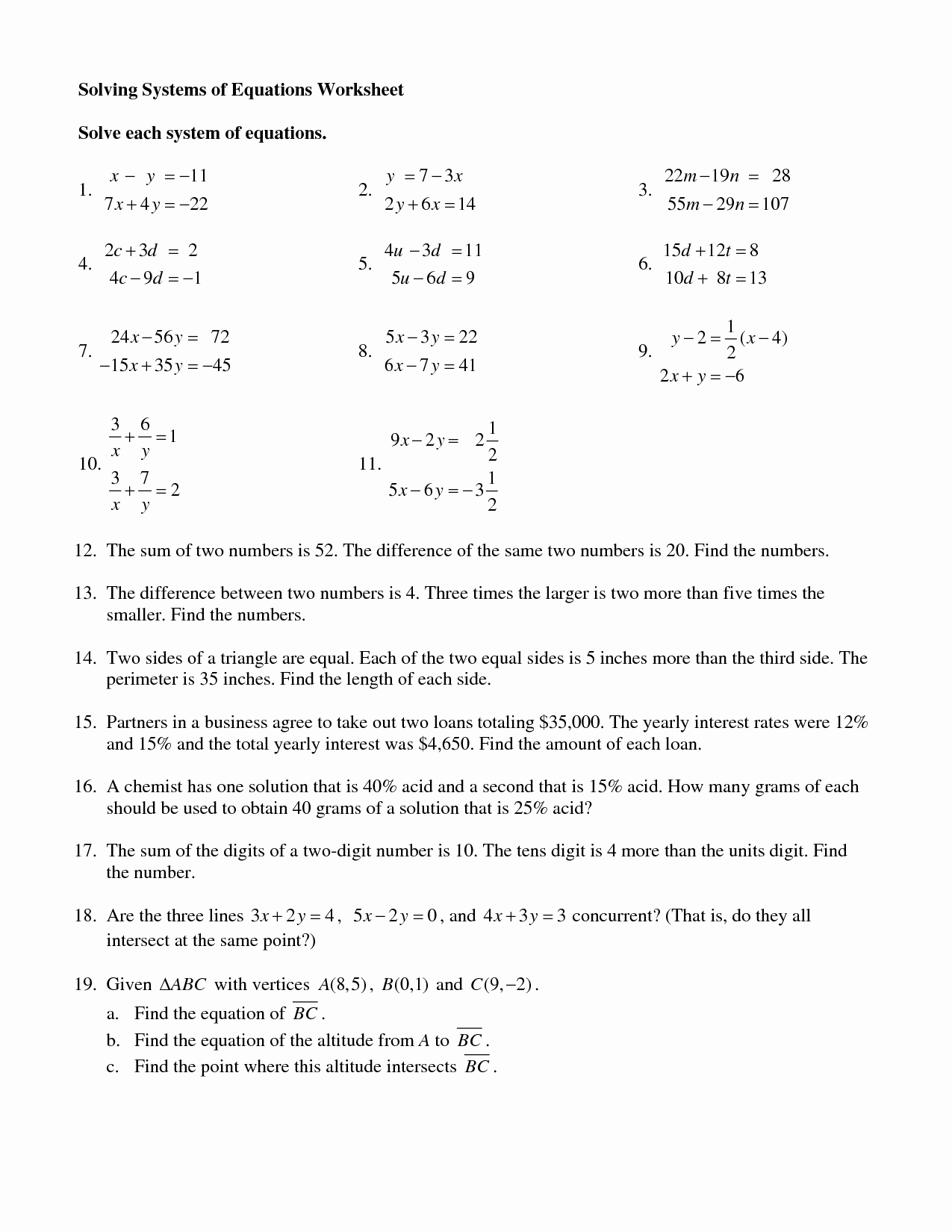 simultaneous equations word problems worksheet with answers