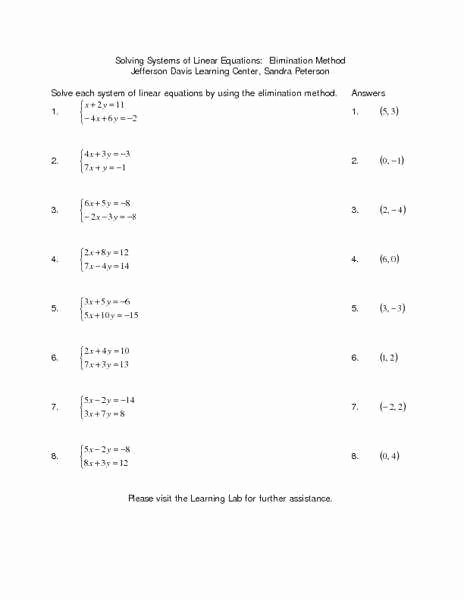 Solving Systems by Elimination Worksheet Unique solving Systems Equations by Elimination Worksheet
