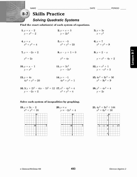 Solving Systems Of Equations Worksheet Awesome 8 7 Skills Practice solving Quadratic Systems Worksheet