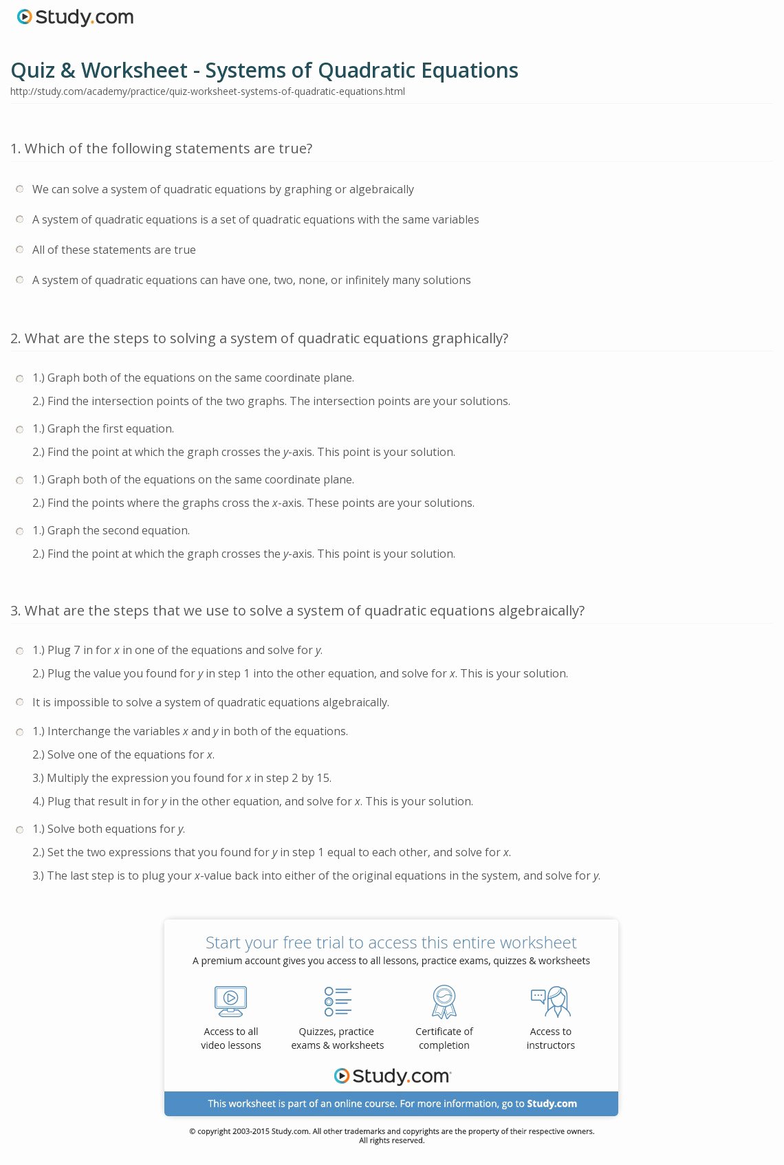 Solving Systems Of Equations Worksheet Awesome Quiz &amp; Worksheet Systems Of Quadratic Equations