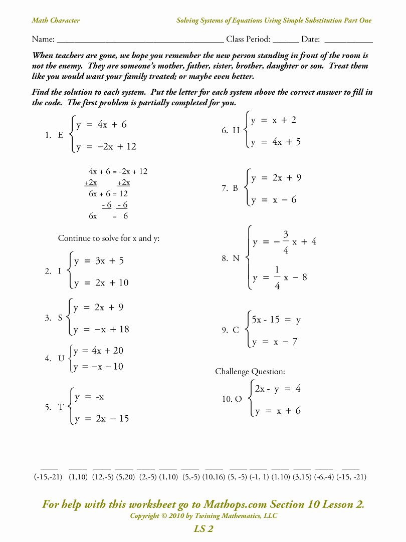 Solving Systems Of Equations Worksheet Luxury solving Linear Equations Substitution Worksheet