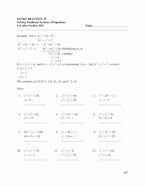 Solving Systems Of Equations Worksheet New solving Nonlinear Systems Of Equations Worksheet for 9th
