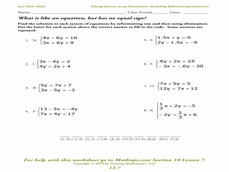 Solving Systems Of Equations Worksheet New solving Systems Equations by Elimination Worksheet