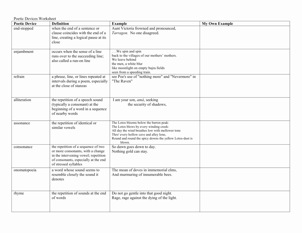 Sound Devices In Poetry Worksheet Beautiful Poetic Devices Worksheet with Examples