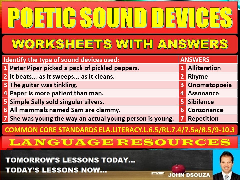 Sound Devices In Poetry Worksheet Beautiful Poetic sound Devices Worksheets with Answers by John