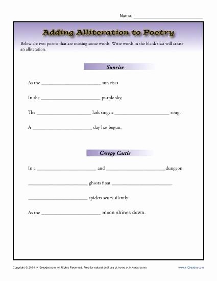 Sound Devices In Poetry Worksheet Fresh Adding Alliteration to Poetry