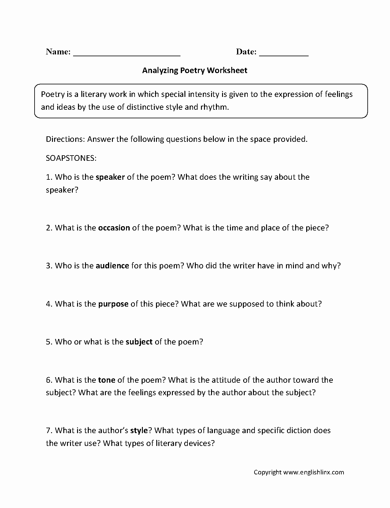 Sound Devices In Poetry Worksheet Luxury Analyzing Poems