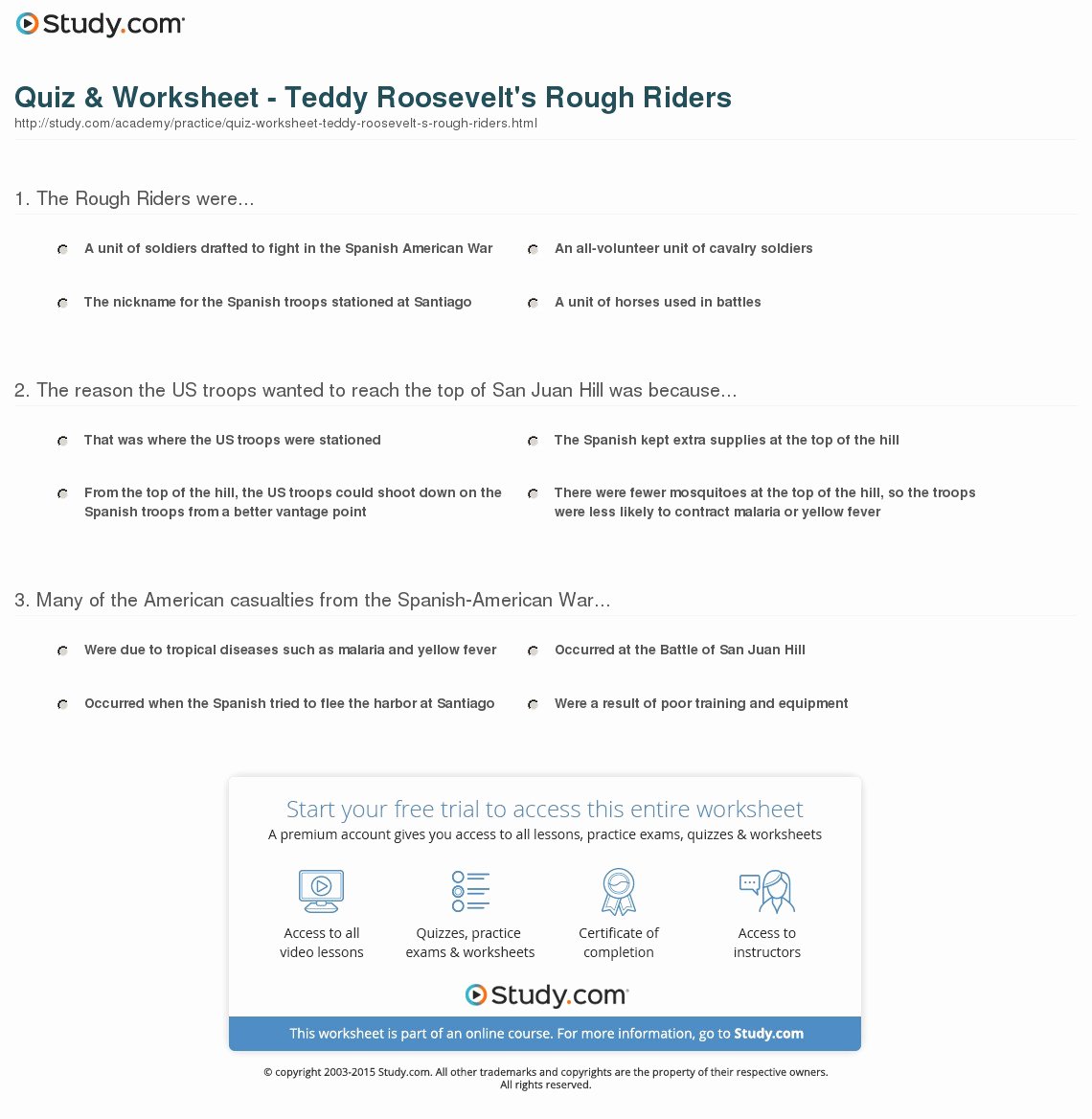 Spanish American War Worksheet Best Of Quiz &amp; Worksheet Teddy Roosevelt S Rough Riders