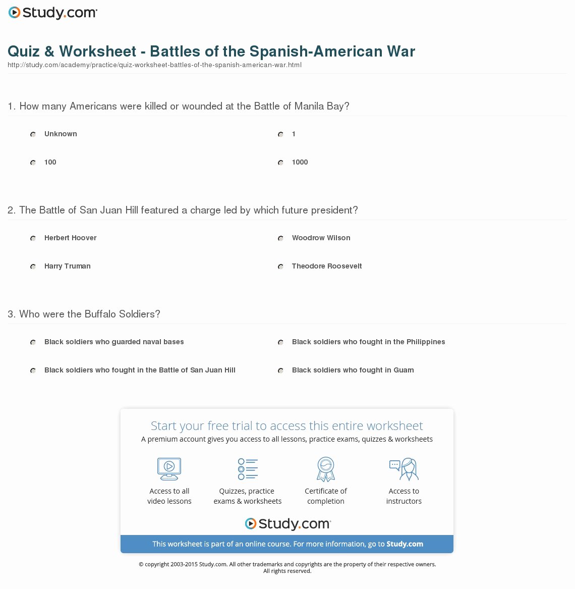 Spanish American War Worksheet Inspirational Quiz &amp; Worksheet Battles Of the Spanish American War