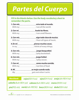 Spanish Body Parts Worksheet Unique 4th Grade Spanish foreign Language Worksheets &amp; Free