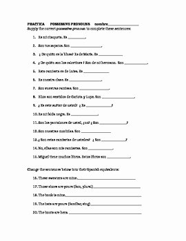 Spanish Subject Pronouns Worksheet Best Of Spanish Possessive Pronouns Practice Worksheet by
