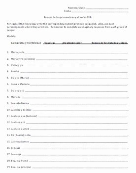Spanish Subject Pronouns Worksheet Inspirational Review Of the Spanish Subject Pronouns and the Verb Ser by