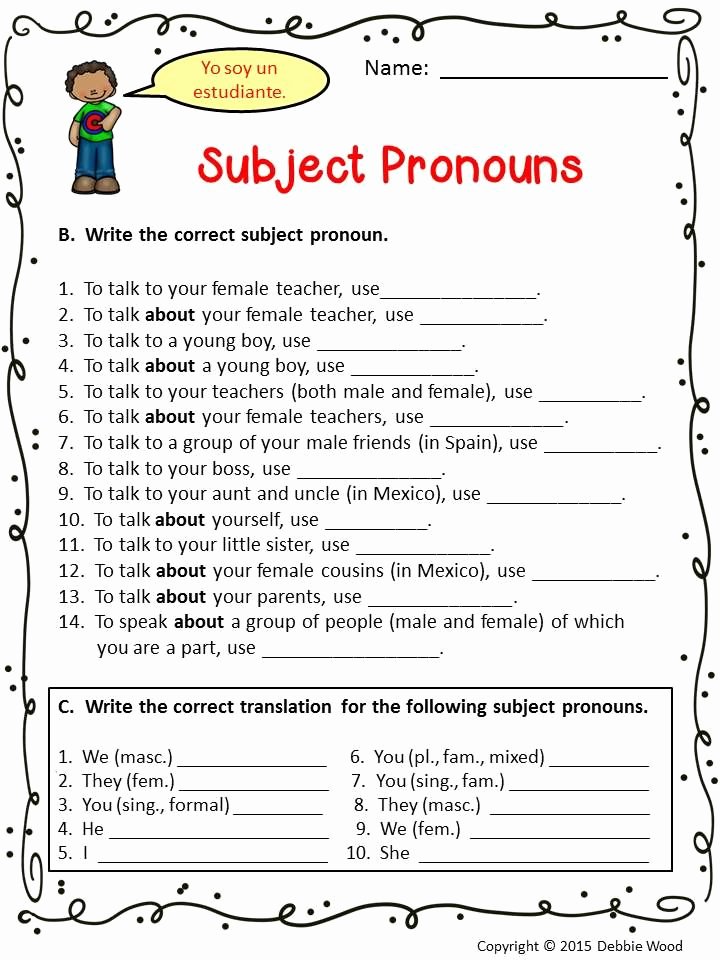 Spanish Subject Pronouns Worksheet Inspirational Spanish Subject Pronouns Posters and Worksheets